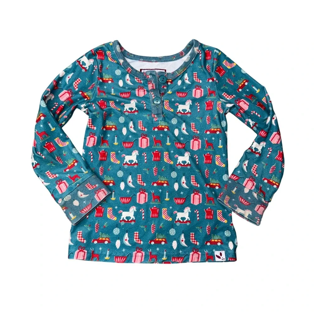 SweetHoney Pajama‎ Set Kids 4T Teal Excellent Christmas Henley Joggers